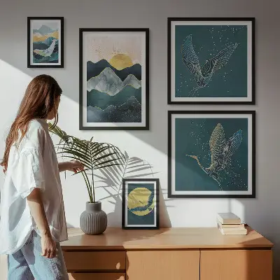 Galeria de quadros para parede com montanhas, pássaros e sol elegantes