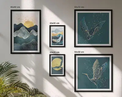 Galeria de quadros para parede com montanhas, pássaros e sol elegantes