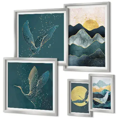 Galeria de quadros para parede com montanhas, pássaros e sol elegantes