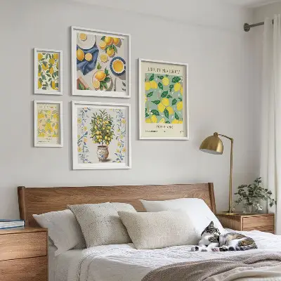 Conjunto de 5 quadros decorativos com padrões de frutas cítricas frescas