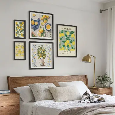 Conjunto de 5 quadros decorativos com padrões de frutas cítricas frescas