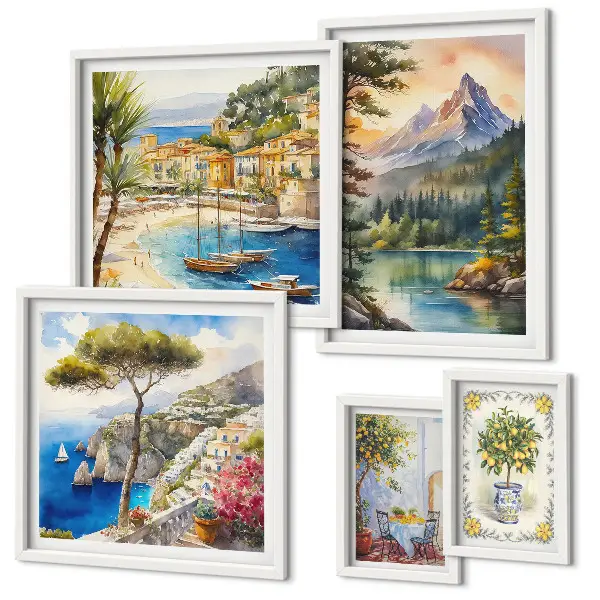 Galeria de parede com paisagens de montanhas e vistas para o mar