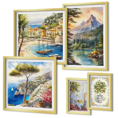 Galeria de parede com paisagens de montanhas e vistas para o mar