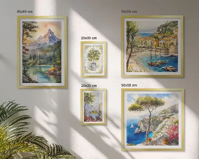 Galeria de parede com paisagens de montanhas e vistas para o mar