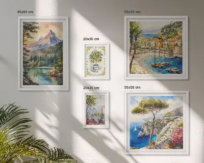 Galeria de parede com paisagens de montanhas e vistas para o mar