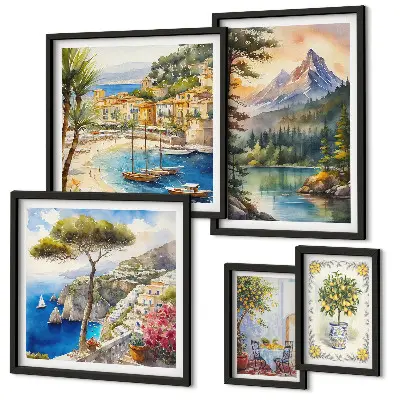 Galeria de parede com paisagens de montanhas e vistas para o mar