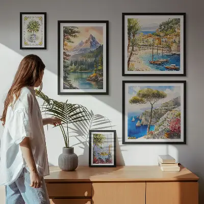 Galeria de parede com paisagens de montanhas e vistas para o mar