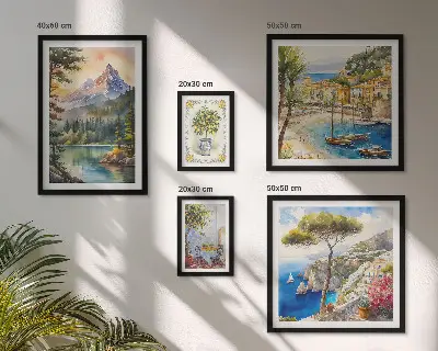 Galeria de parede com paisagens de montanhas e vistas para o mar