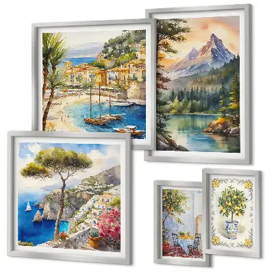 Galeria de parede com paisagens de montanhas e vistas para o mar