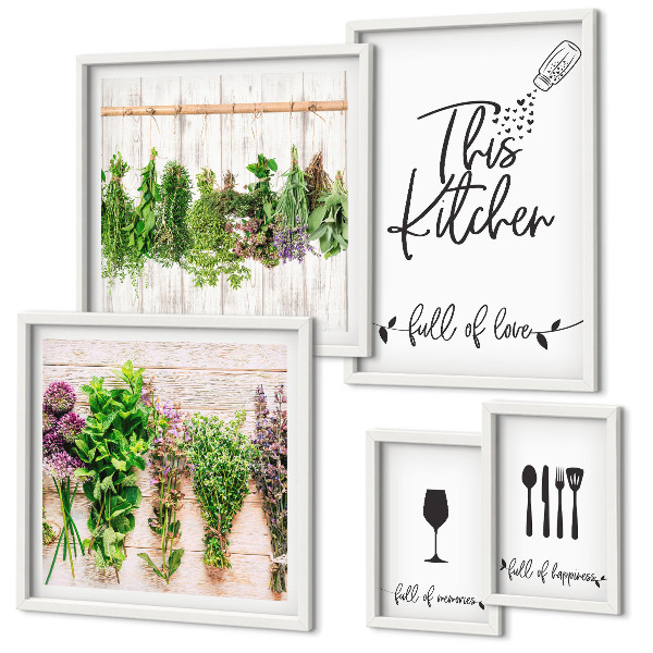 Conjunto de 5 quadros com moldura Adoro ervas aromáticas na cozinha e acessórios