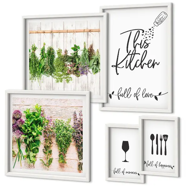 Conjunto de 5 quadros com moldura estampa de ervas aromáticas para cozinha