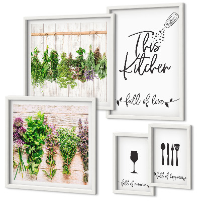 Conjunto de 5 quadros com moldura Adoro ervas aromáticas na cozinha e acessórios