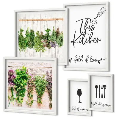 Conjunto de 5 quadros com moldura estampa de ervas aromáticas para cozinha
