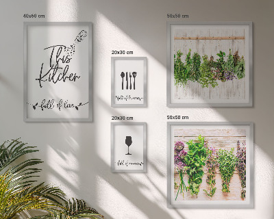 Conjunto de 5 quadros com moldura Adoro ervas aromáticas na cozinha e acessórios