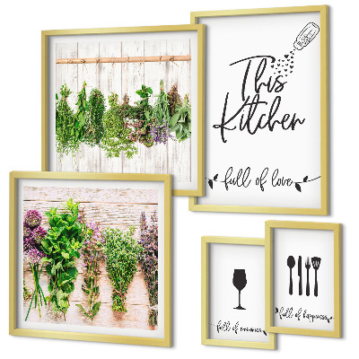 Conjunto de 5 quadros com moldura Adoro ervas aromáticas na cozinha e acessórios