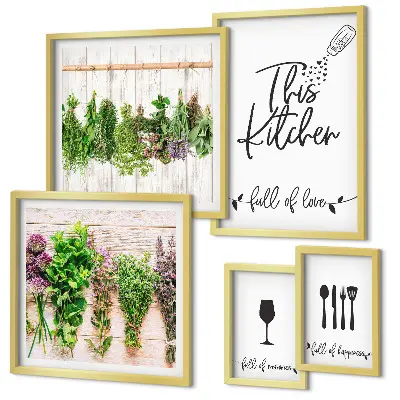 Conjunto de 5 quadros com moldura estampa de ervas aromáticas para cozinha