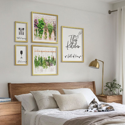 Conjunto de 5 quadros com moldura Adoro ervas aromáticas na cozinha e acessórios