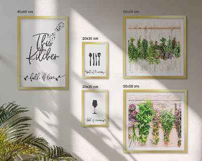 Conjunto de 5 quadros com moldura Adoro ervas aromáticas na cozinha e acessórios