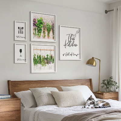 Conjunto de 5 quadros com moldura Adoro ervas aromáticas na cozinha e acessórios