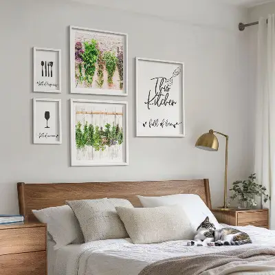 Conjunto de 5 quadros com moldura estampa de ervas aromáticas para cozinha
