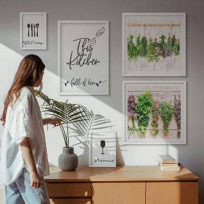 Conjunto de 5 quadros com moldura Adoro ervas aromáticas na cozinha e acessórios
