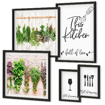 Conjunto de 5 quadros com moldura Adoro ervas aromáticas na cozinha e acessórios