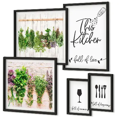 Conjunto de 5 quadros com moldura estampa de ervas aromáticas para cozinha