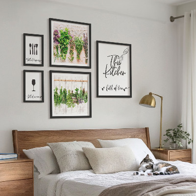 Conjunto de 5 quadros com moldura Adoro ervas aromáticas na cozinha e acessórios