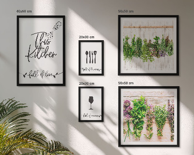 Conjunto de 5 quadros com moldura Adoro ervas aromáticas na cozinha e acessórios