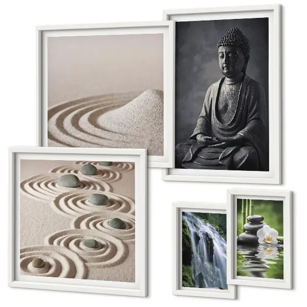 Parede galeria de quadros com temas de natureza zen relaxante
