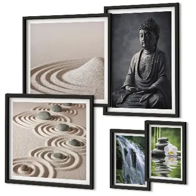 Parede galeria de quadros com temas de natureza zen relaxante