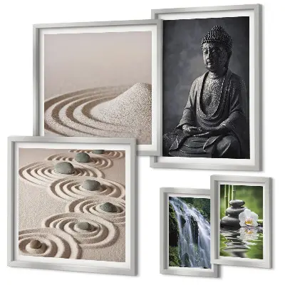 Parede galeria de quadros com temas de natureza zen relaxante