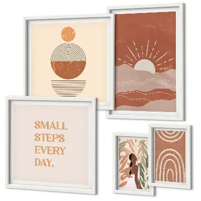 Conjunto de 5 quadros com moldura em estilo boho com frases positivas sobre a natureza