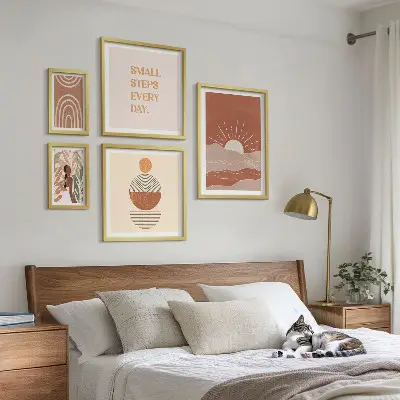 Conjunto de 5 quadros com moldura em estilo boho com frases positivas sobre a natureza