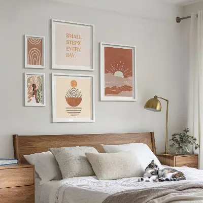 Conjunto de 5 quadros com moldura em estilo boho com frases positivas sobre a natureza