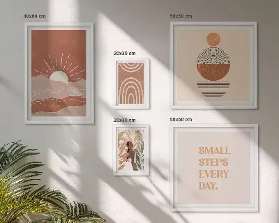 Conjunto de 5 quadros com moldura em estilo boho com frases positivas sobre a natureza