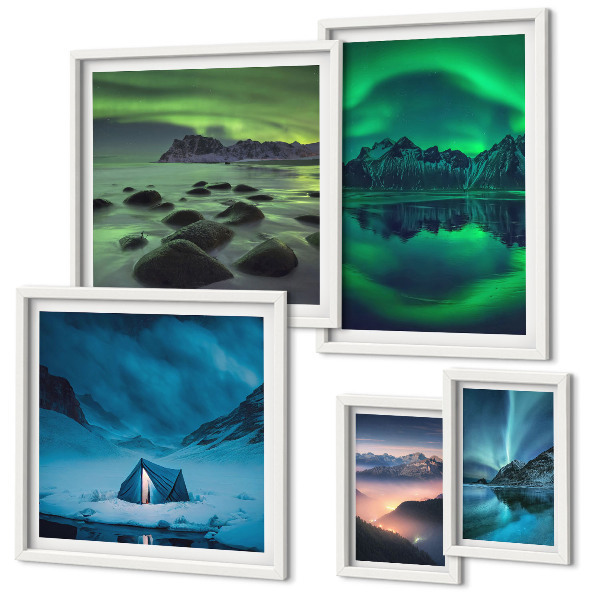 Conjunto de 5 quadros decorativos Paisagens de inverno das montanhas Aurora