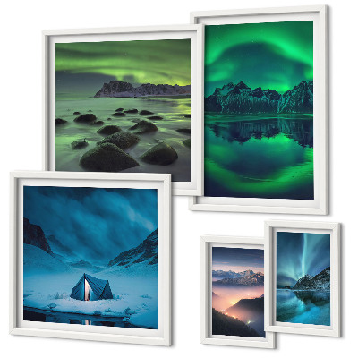 Conjunto de 5 quadros decorativos Paisagens de inverno das montanhas Aurora