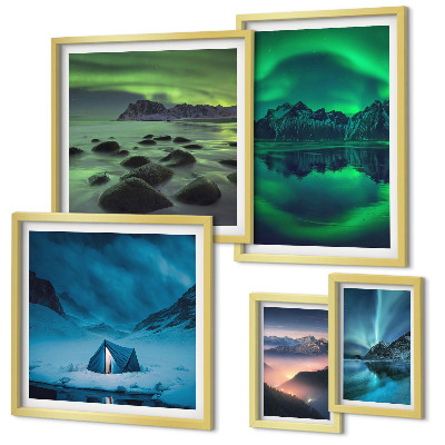 Conjunto de 5 quadros decorativos Paisagens de inverno das montanhas Aurora