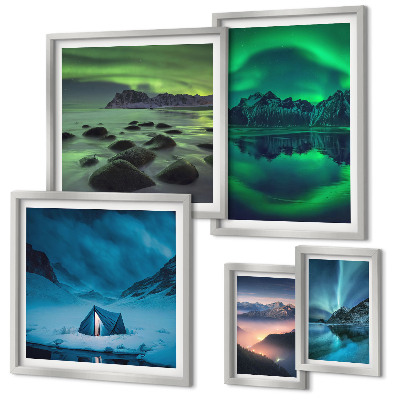 Conjunto de 5 quadros decorativos Paisagens de inverno das montanhas Aurora