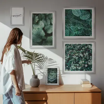 Conjunto de 5 quadros decorativos com estampas de folhas verdes modernas