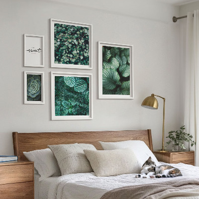 Conjunto de 5 quadros com moldura Folhas verdes plantas modernas