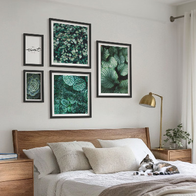 Conjunto de 5 quadros com moldura Folhas verdes plantas modernas