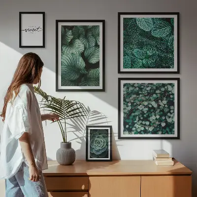 Conjunto de 5 quadros decorativos com estampas de folhas verdes modernas