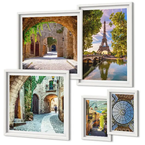 Conjunto de 5 quadros decorativos com vistas encantadoras de cidades europeias