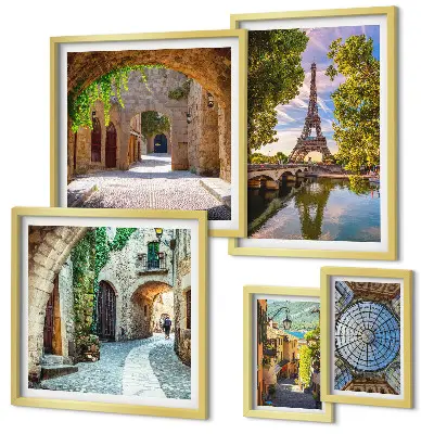 Conjunto de 5 quadros decorativos com vistas encantadoras de cidades europeias