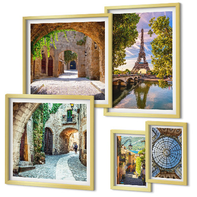 Conjunto de 5 quadros decorativos Vistas encantadoras de cidades europeias
