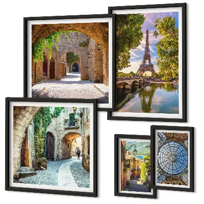 Conjunto de 5 quadros decorativos com vistas encantadoras de cidades europeias