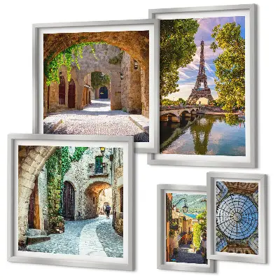Conjunto de 5 quadros decorativos com vistas encantadoras de cidades europeias