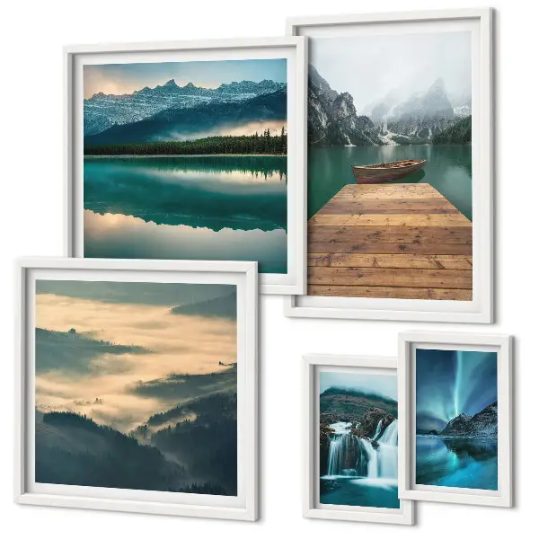 Galeria de parede com paisagens de cachoeiras e montanhas